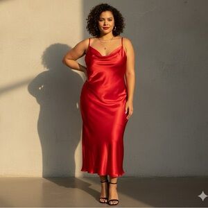 Bebe Red Satin Cowl Neck Midi Dress | Size XL